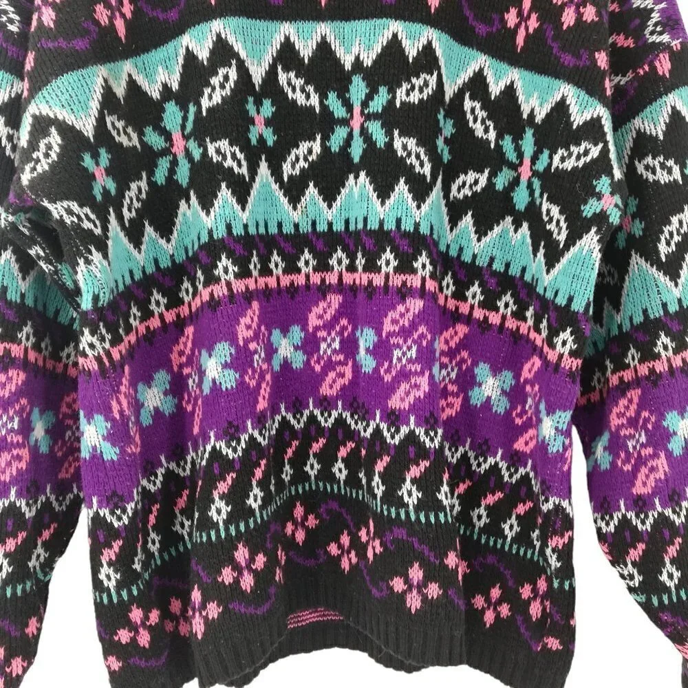 Vintage Stefano Geometric Pullover Sweater Size XL Girls Crew Neck Preppy Flower